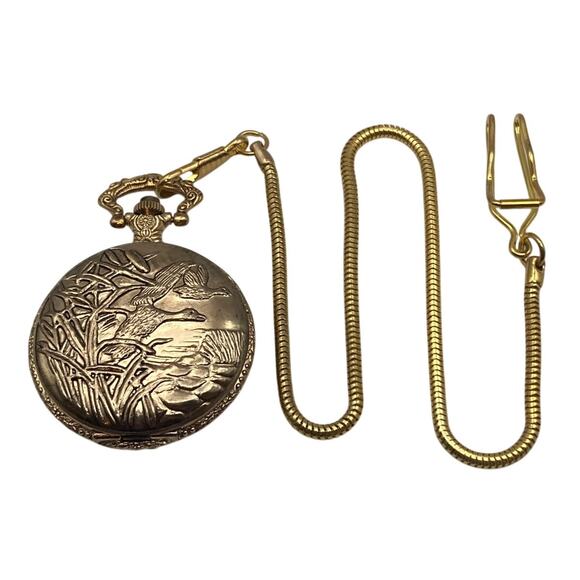 Geneva Other - Pocket Watch Mens Quartz Full Hunter Duck Scene w/ 12" Chain and New Battery